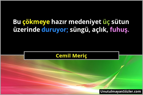 Cemil Meriç - Bu çökmeye hazır medeniyet üç sütun üzerinde duruyor; süngü, açlık, fuhuş....