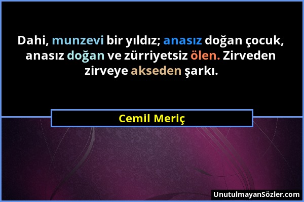 Cemil Meriç - Dahi, munzevi bir yıldız; anasız doğan çocuk, anasız doğan ve zürriyetsiz ölen. Zirveden zirveye akseden şarkı....