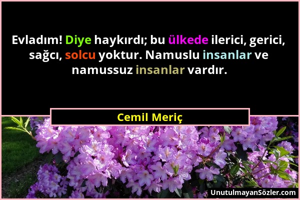 Cemil Meriç - Evladım! Diye haykırdı; bu ülkede ilerici, gerici, sağcı, solcu yoktur. Namuslu insanlar ve namussuz insanlar vardır....