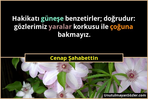 Cenap Şahabettin - Hakikatı güneşe benzetirler; doğrudur: gözlerimiz yaralar korkusu ile çoğuna bakmayız....