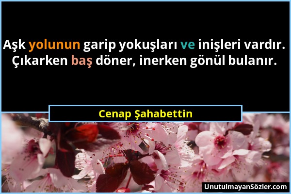 Cenap Şahabettin - Aşk yolunun garip yokuşları ve inişleri vardır. Çıkarken baş döner, inerken gönül bulanır....