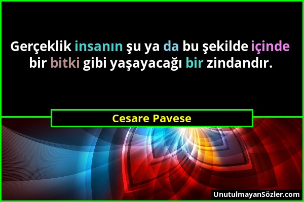 Cesare Pavese - Gerçeklik insanın şu ya da bu şekilde içinde bir bitki gibi yaşayacağı bir zindandır....