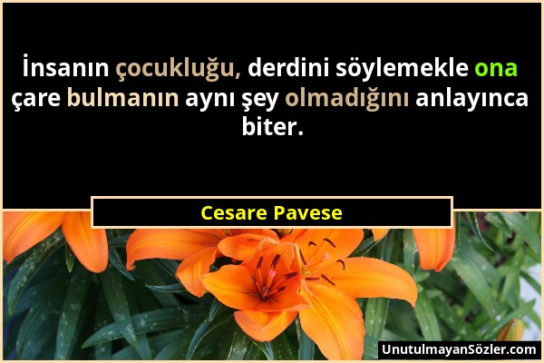 Cesare Pavese - İnsanın çocukluğu, derdini söylemekle ona çare bulmanın aynı şey olmadığını anlayınca biter....