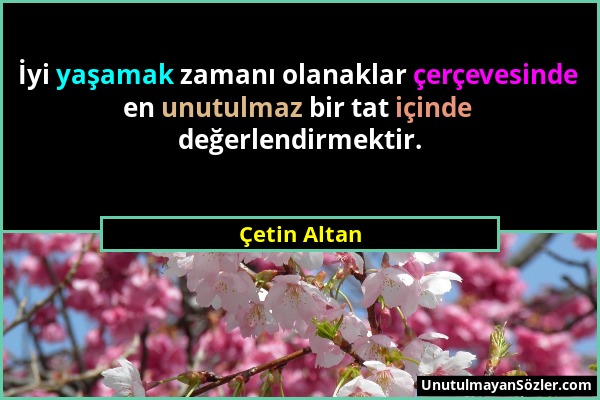 Çetin Altan - İyi yaşamak zamanı olanaklar çerçevesinde en unutulmaz bir tat içinde değerlendirmektir....