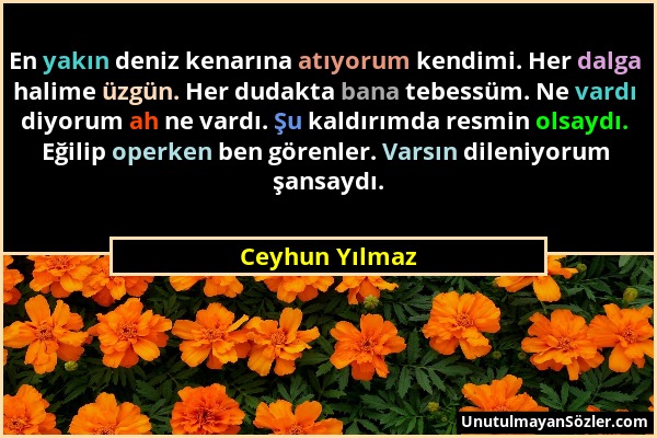 Ceyhun Yılmaz - En yakın deniz kenarına atıyorum kendimi. Her dalga halime üzgün. Her dudakta bana tebessüm. Ne vardı diyorum ah ne vardı. Şu kaldırım...