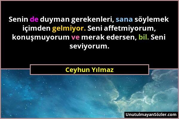 Ceyhun Yılmaz - Senin de duyman gerekenleri, sana söylemek içimden gelmiyor. Seni affetmiyorum, konuşmuyorum ve merak edersen, bil. Seni seviyorum....