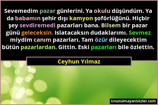 Ceyhun Yılmaz - Sevemedim pazar günlerini. Ya okulu düşündüm. Ya da babamın şehir dışı kamyon şoförlüğünü. Hiçbir şey sevdiremedi pazarları bana. Bils...