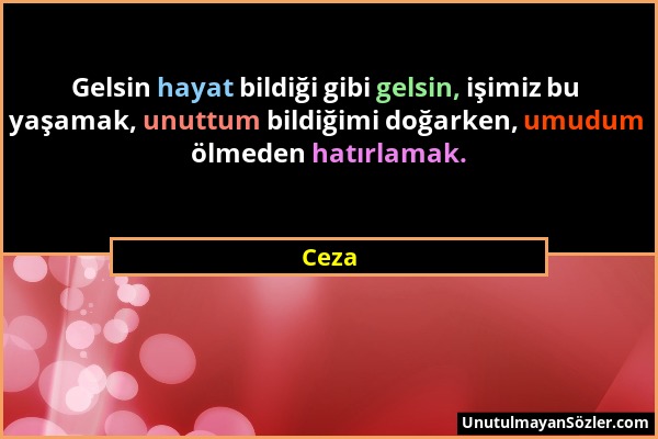 Ceza - Gelsin hayat bildiği gibi gelsin, işimiz bu yaşamak, unuttum bildiğimi doğarken, umudum ölmeden hatırlamak....