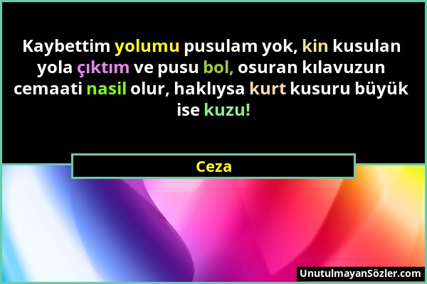 Ceza - Kaybettim yolumu pusulam yok, kin kusulan yola çıktım ve pusu bol, osuran kılavuzun cemaati nasil olur, haklıysa kurt kusuru büyük ise kuzu!...