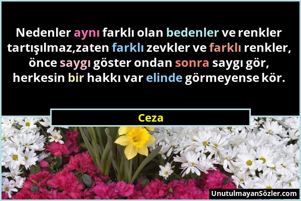 Ceza - Nedenler aynı farklı olan bedenler ve renkler tartışılmaz,zaten farklı zevkler ve farklı renkler, önce saygı göster ondan sonra saygı gör, herk...