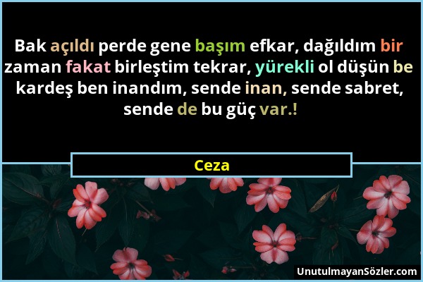 Ceza - Bak açıldı perde gene başım efkar, dağıldım bir zaman fakat birleştim tekrar, yürekli ol düşün be kardeş ben inandım, sende inan, sende sabret,...