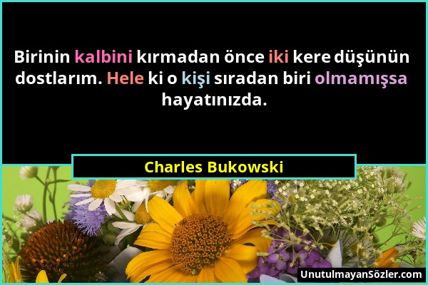 Charles Bukowski - Birinin kalbini kırmadan önce iki kere düşünün dostlarım. Hele ki o kişi sıradan biri olmamışsa hayatınızda....