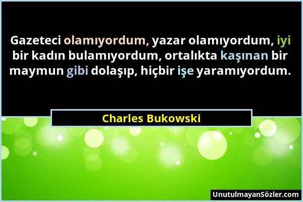 Charles Bukowski - Gazeteci olamıyordum, yazar olamıyordum, iyi bir kadın bulamıyordum, ortalıkta kaşınan bir maymun gibi dolaşıp, hiçbir işe yaramıyo...