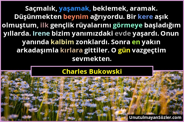 Charles Bukowski - Saçmalık, yaşamak, beklemek, aramak. Düşünmekten beynim ağrıyordu. Bir kere aşık olmuştum, ilk gençlik rüyalarımı görmeye başladığı...