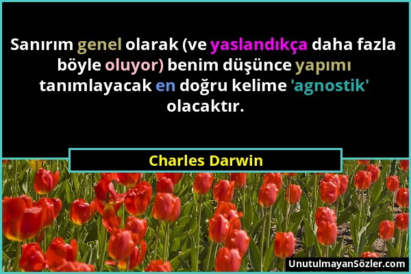 Charles Darwin - Sanırım genel olarak (ve yaslandıkça daha fazla böyle oluyor) benim düşünce yapımı tanımlayacak en doğru kelime 'agnostik' olacaktır....