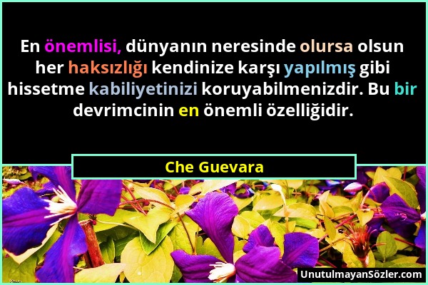 Che Guevara - En önemlisi, dünyanın neresinde olursa olsun her haksızlığı kendinize karşı yapılmış gibi hissetme kabiliyetinizi koruyabilmenizdir. Bu...