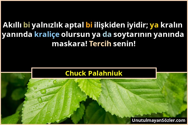 Chuck Palahniuk - Akıllı bi yalnızlık aptal bi ilişkiden iyidir; ya kralın yanında kraliçe olursun ya da soytarının yanında maskara! Tercih senin!...