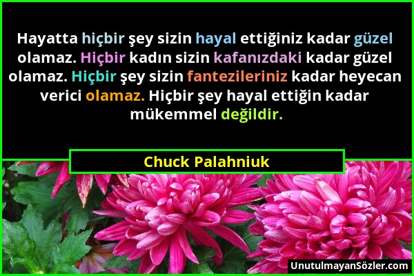 Chuck Palahniuk - Hayatta hiçbir şey sizin hayal ettiğiniz kadar güzel olamaz. Hiçbir kadın sizin kafanızdaki kadar güzel olamaz. Hiçbir şey sizin fan...