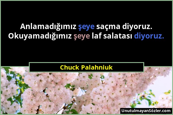 Chuck Palahniuk - Anlamadığımız şeye saçma diyoruz. Okuyamadığımız şeye laf salatası diyoruz....