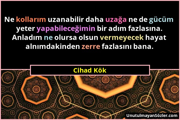 Cihad Kök - Ne kollarım uzanabilir daha uzağa ne de gücüm yeter yapabileceğimin bir adım fazlasına. Anladım ne olursa olsun vermeyecek hayat alnımdaki...