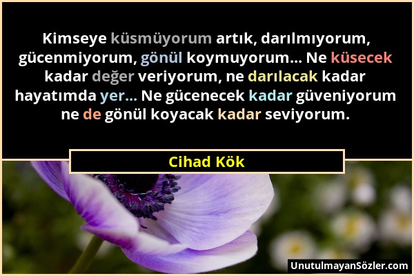 Cihad Kök - Kimseye küsmüyorum artık, darılmıyorum, gücenmiyorum, gönül koymuyorum... Ne küsecek kadar değer veriyorum, ne darılacak kadar hayatımda y...