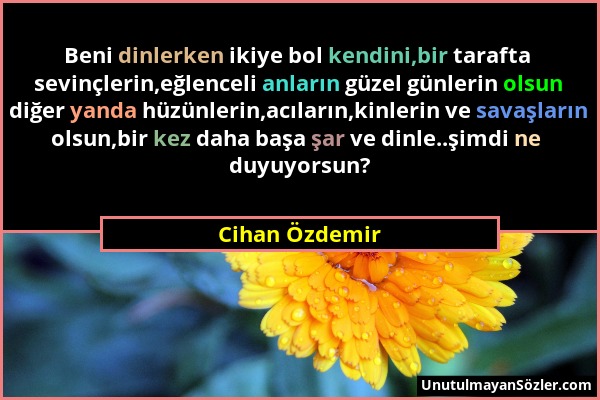 Cihan Özdemir - Beni dinlerken ikiye bol kendini,bir tarafta sevinçlerin,eğlenceli anların güzel günlerin olsun diğer yanda hüzünlerin,acıların,kinler...
