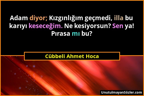 Cübbeli Ahmet Hoca - Adam diyor; Kızgınlığım geçmedi, illa bu karıyı keseceğim. Ne kesiyorsun? Sen ya! Pırasa mı bu?...