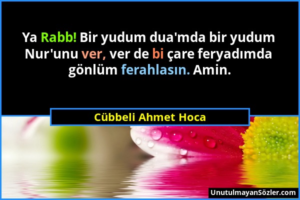 Cübbeli Ahmet Hoca - Ya Rabb! Bir yudum dua'mda bir yudum Nur'unu ver, ver de bi çare feryadımda gönlüm ferahlasın. Amin....