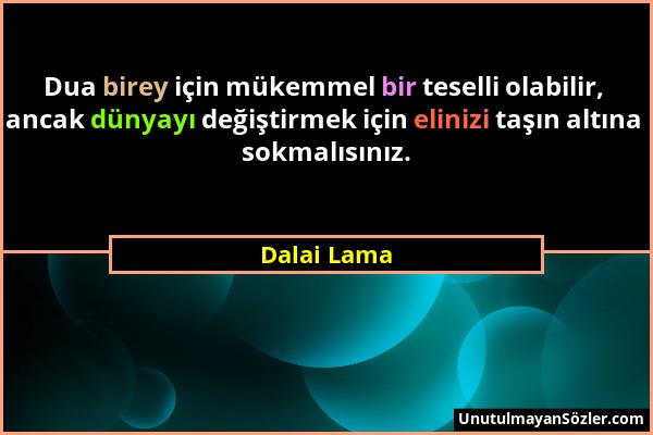 Dalai Lama - Dua birey için mükemmel bir teselli olabilir, ancak dünyayı değiştirmek için elinizi taşın altına sokmalısınız....