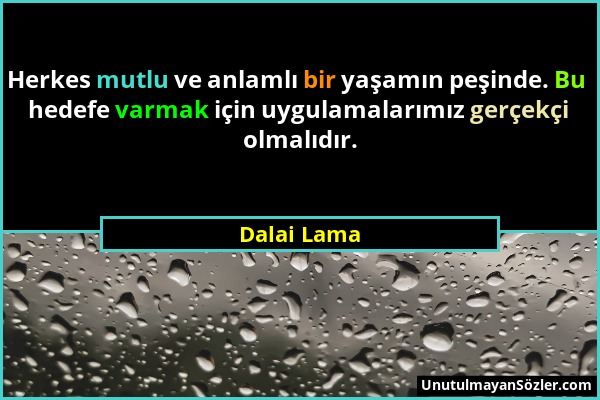 Dalai Lama - Herkes mutlu ve anlamlı bir yaşamın peşinde. Bu hedefe varmak için uygulamalarımız gerçekçi olmalıdır....