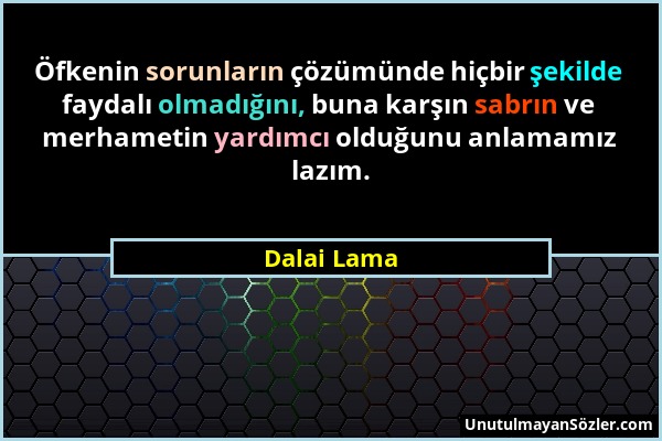 Dalai Lama - Öfkenin sorunların çözümünde hiçbir şekilde faydalı olmadığını, buna karşın sabrın ve merhametin yardımcı olduğunu anlamamız lazım....