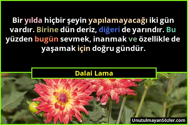 Dalai Lama - Bir yılda hiçbir şeyin yapılamayacağı iki gün vardır. Birine dün deriz, diğeri de yarındır. Bu yüzden bugün sevmek, inanmak ve özellikle...