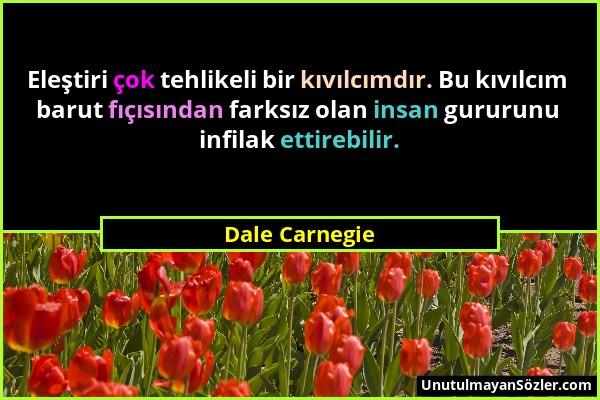 Dale Carnegie - Eleştiri çok tehlikeli bir kıvılcımdır. Bu kıvılcım barut fıçısından farksız olan insan gururunu infilak ettirebilir....