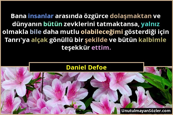 Daniel Defoe - Bana insanlar arasında özgürce dolaşmaktan ve dünyanın bütün zevklerini tatmaktansa, yalnız olmakla bile daha mutlu olabileceğimi göste...