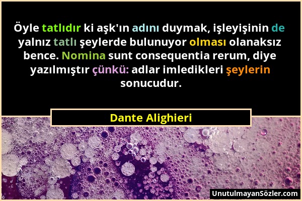 Dante Alighieri - Öyle tatlıdır ki aşk'ın adını duymak, işleyişinin de yalnız tatlı şeylerde bulunuyor olması olanaksız bence. Nomina sunt consequenti...