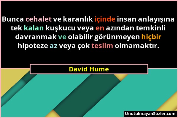 David Hume - Bunca cehalet ve karanlık içinde insan anlayışına tek kalan kuşkucu veya en azından temkinli davranmak ve olabilir görünmeyen hiçbir hipo...