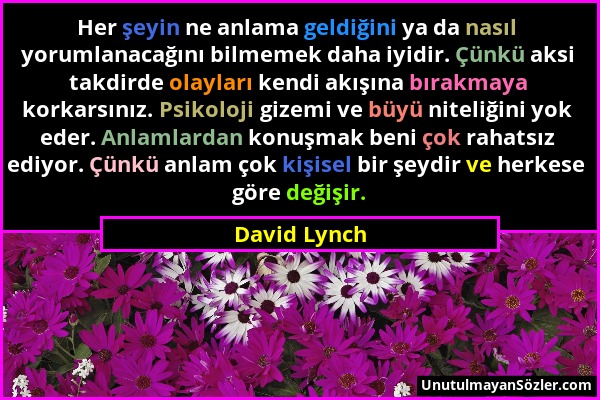 David Lynch - Her şeyin ne anlama geldiğini ya da nasıl yorumlanacağını bilmemek daha iyidir. Çünkü aksi takdirde olayları kendi akışına bırakmaya kor...