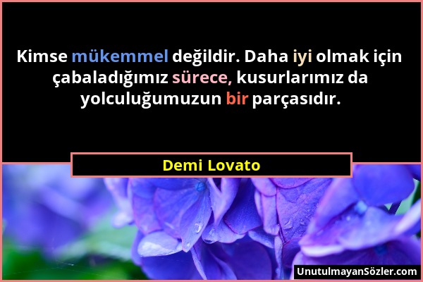 Demi Lovato - Kimse mükemmel değildir. Daha iyi olmak için çabaladığımız sürece, kusurlarımız da yolculuğumuzun bir parçasıdır....