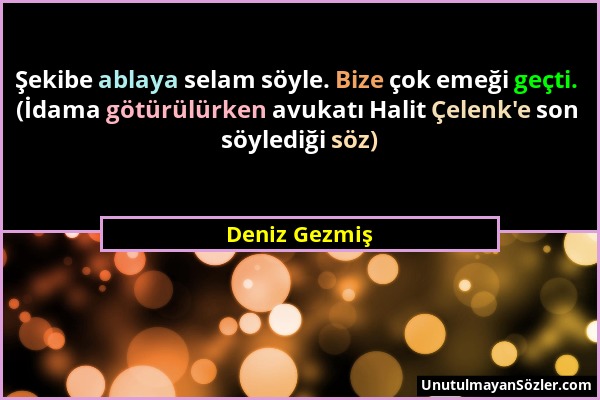 Deniz Gezmiş - Şekibe ablaya selam söyle. Bize çok emeği geçti. (İdama götürülürken avukatı Halit Çelenk'e son söylediği söz)...