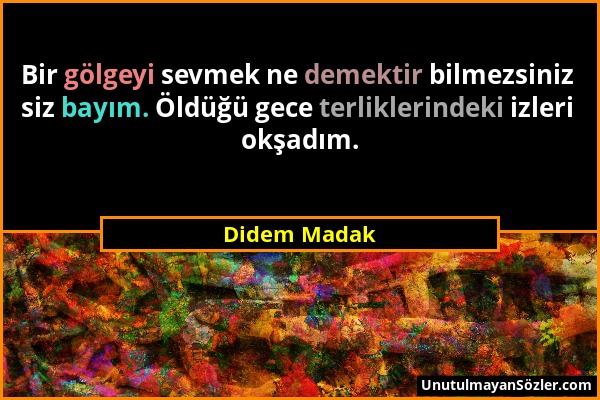 Didem Madak - Bir gölgeyi sevmek ne demektir bilmezsiniz siz bayım. Öldüğü gece terliklerindeki izleri okşadım....