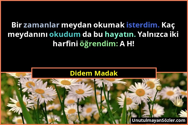 Didem Madak - Bir zamanlar meydan okumak isterdim. Kaç meydanını okudum da bu hayatın. Yalnızca iki harfini öğrendim: A H!...