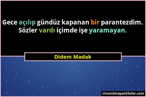 Didem Madak - Gece açılıp gündüz kapanan bir parantezdim. Sözler vardı içimde işe yaramayan....