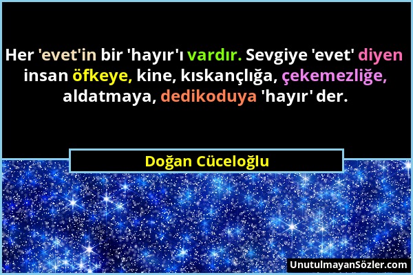 Doğan Cüceloğlu - Her 'evet'in bir 'hayır'ı vardır. Sevgiye 'evet' diyen insan öfkeye, kine, kıskançlığa, çekemezliğe, aldatmaya, dedikoduya 'hayır' d...