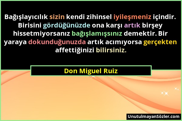 Don Miguel Ruiz - Bağışlayıcılık sizin kendi zihinsel iyileşmeniz içindir. Birisini gördüğünüzde ona karşı artık birşey hissetmiyorsanız bağışlamışsın...