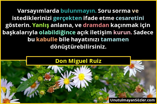 Don Miguel Ruiz - Varsayımlarda bulunmayın. Soru sorma ve istediklerinizi gerçekten ifade etme cesaretini gösterin. Yanlış anlama, ve dramdan kaçınmak...