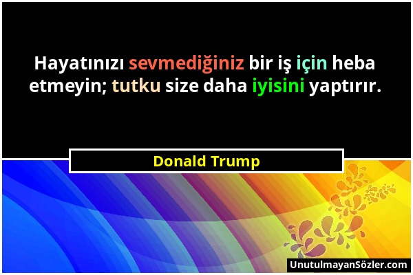 Donald Trump - Hayatınızı sevmediğiniz bir iş için heba etmeyin; tutku size daha iyisini yaptırır....