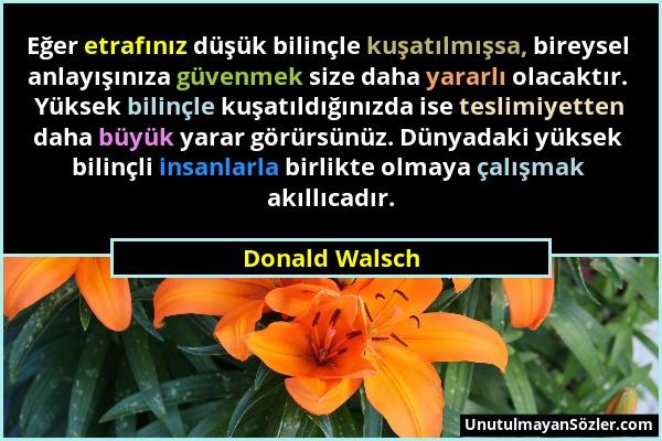 Donald Walsch - Eğer etrafınız düşük bilinçle kuşatılmışsa, bireysel anlayışınıza güvenmek size daha yararlı olacaktır. Yüksek bilinçle kuşatıldığınız...