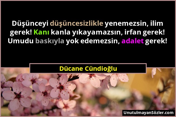 Dücane Cündioğlu - Düşünceyi düşüncesizlikle yenemezsin, ilim gerek! Kanı kanla yıkayamazsın, irfan gerek! Umudu baskıyla yok edemezsin, adalet gerek!...