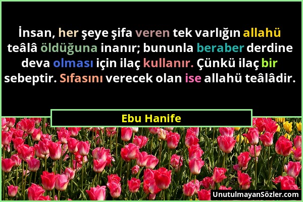 Ebu Hanife - İnsan, her şeye şifa veren tek varlığın allahü teâlâ öldüğuna inanır; bununla beraber derdine deva olması için ilaç kullanır. Çünkü ilaç...