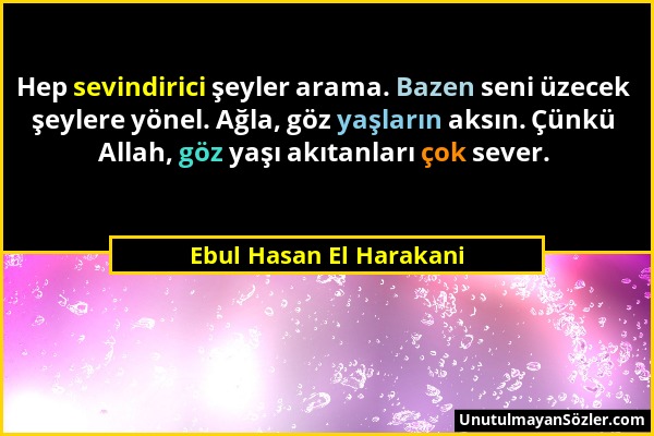 Ebul Hasan El Harakani - Hep sevindirici şeyler arama. Bazen seni üzecek şeylere yönel. Ağla, göz yaşların aksın. Çünkü Allah, göz yaşı akıtanları çok...